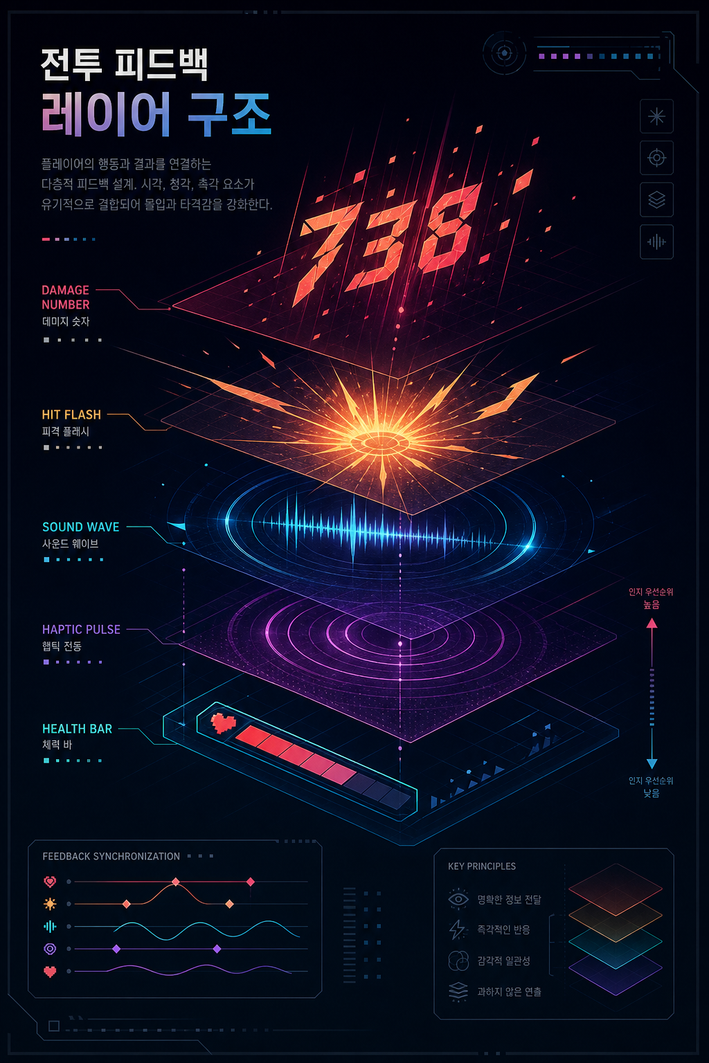 체력바, 히트 이펙트, 효과음, 진동과 데미지 숫자의 조합을 설명하는 도식