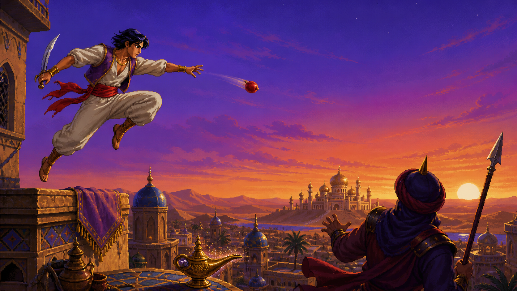 사막 궁전 지붕 위에서 검과 과일을 든 모험가를 표현한 Disney's Aladdin 풍의 오리지널 일러스트