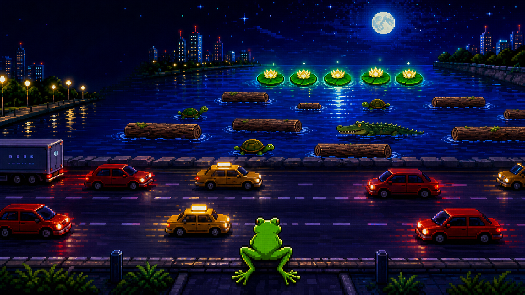 밤의 도로와 강, 통나무와 거북이 사이를 건너려는 초록 개구리를 그린 Frogger 분위기의 픽셀 아트