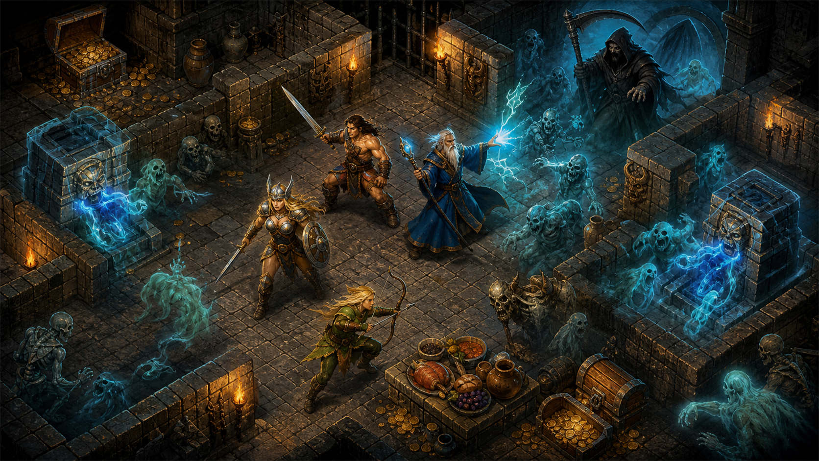 돌로 된 던전에서 전사, 마법사, 발키리, 엘프가 유령과 Death에 맞서는 Gauntlet 분위기의 일러스트