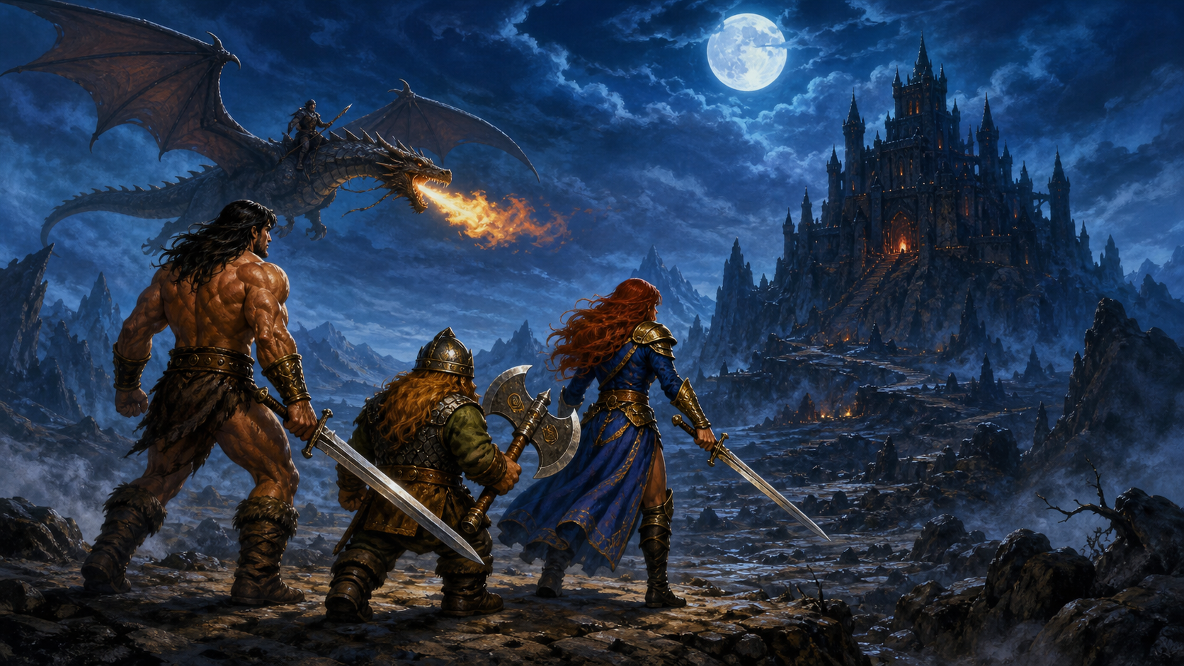 달빛 아래 바위 벌판에서 세 판타지 전사가 드래곤과 성을 향해 나아가는 Golden Axe 분위기의 일러스트
