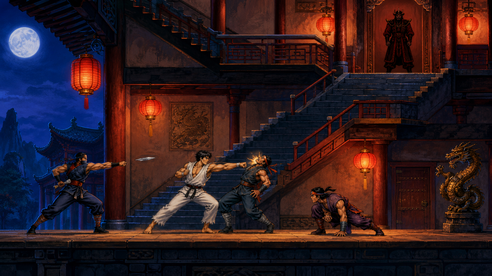 붉은 등불이 켜진 사원 계단 앞에서 흰 도복의 무술가가 적들과 싸우는 Kung-Fu Master 분위기의 일러스트