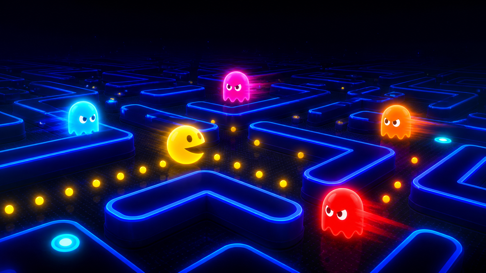 푸른 네온 미로에서 노란 원형 캐릭터가 여러 색의 추격자를 피해 점을 먹는 Pac-Man 게임플레이 감각의 독립 일러스트