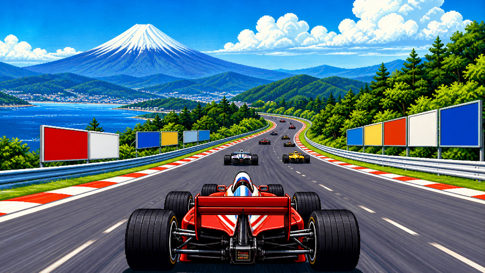 후방 체이스 카메라로 Formula One 차량이 산악 서킷의 코너를 달리는 레트로 아케이드 레이싱 일러스트