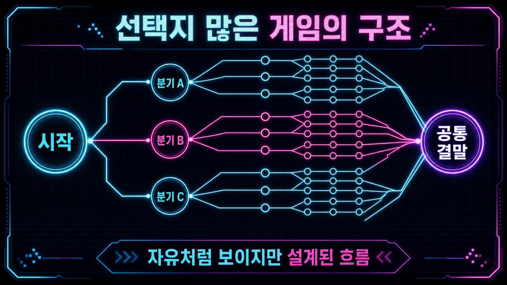 선택지가 여러 분기로 갈라졌다가 공통 결말로 모이는 구조 도식