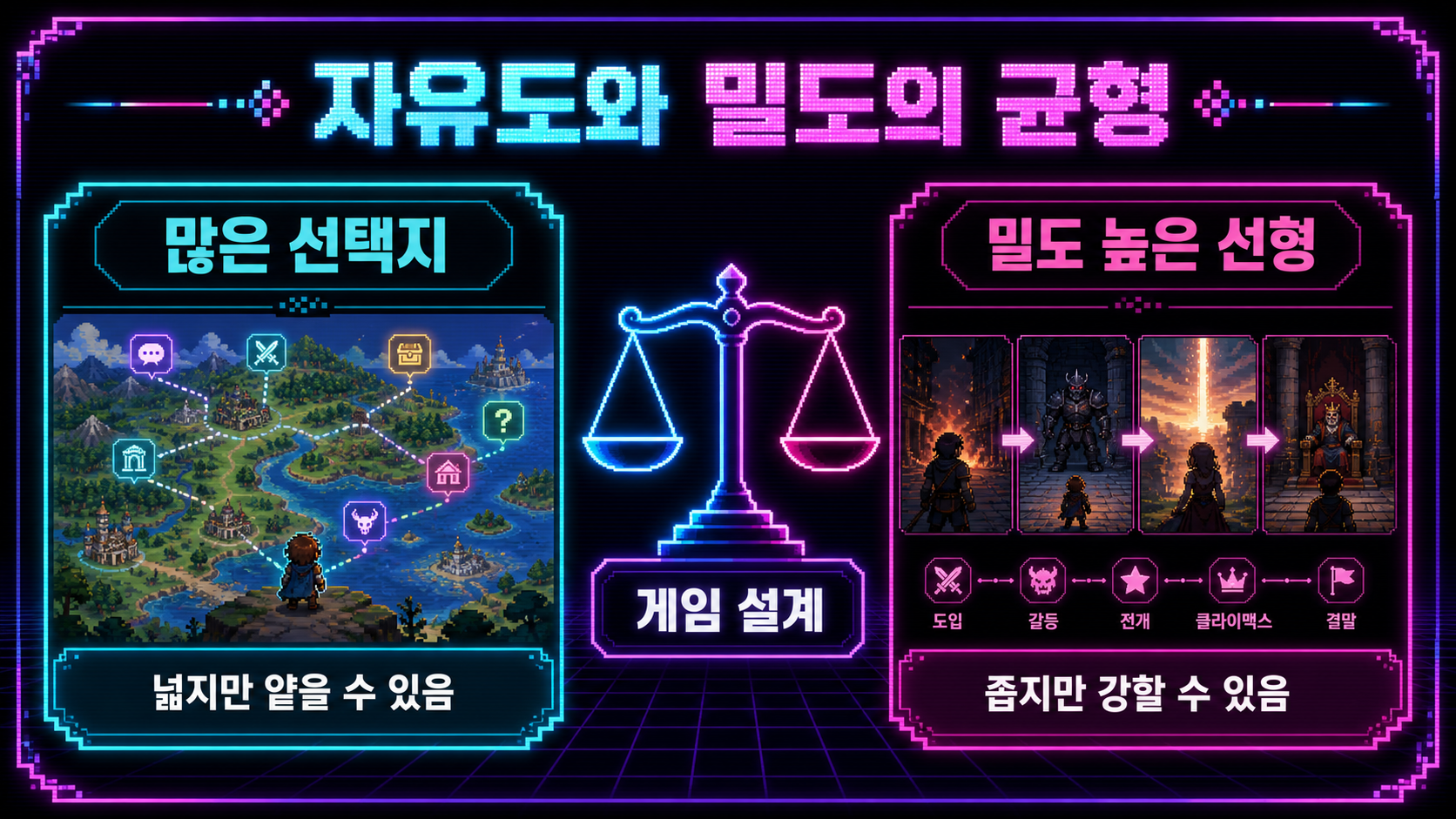 자유도와 밀도 높은 선형 서사를 비교한 한글 도식