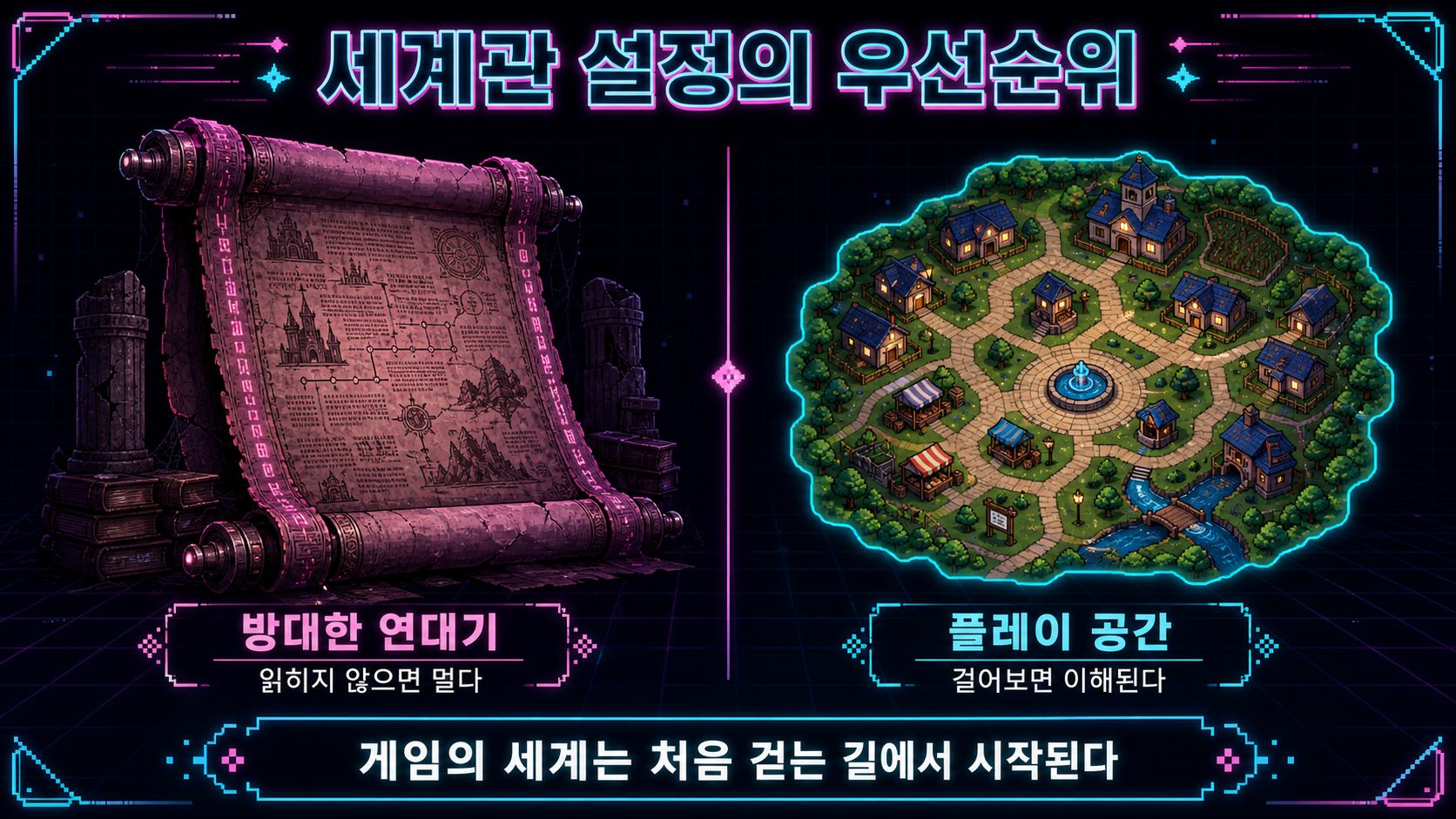 방대한 연대기와 플레이 공간의 우선순위를 비교한 한글 도식