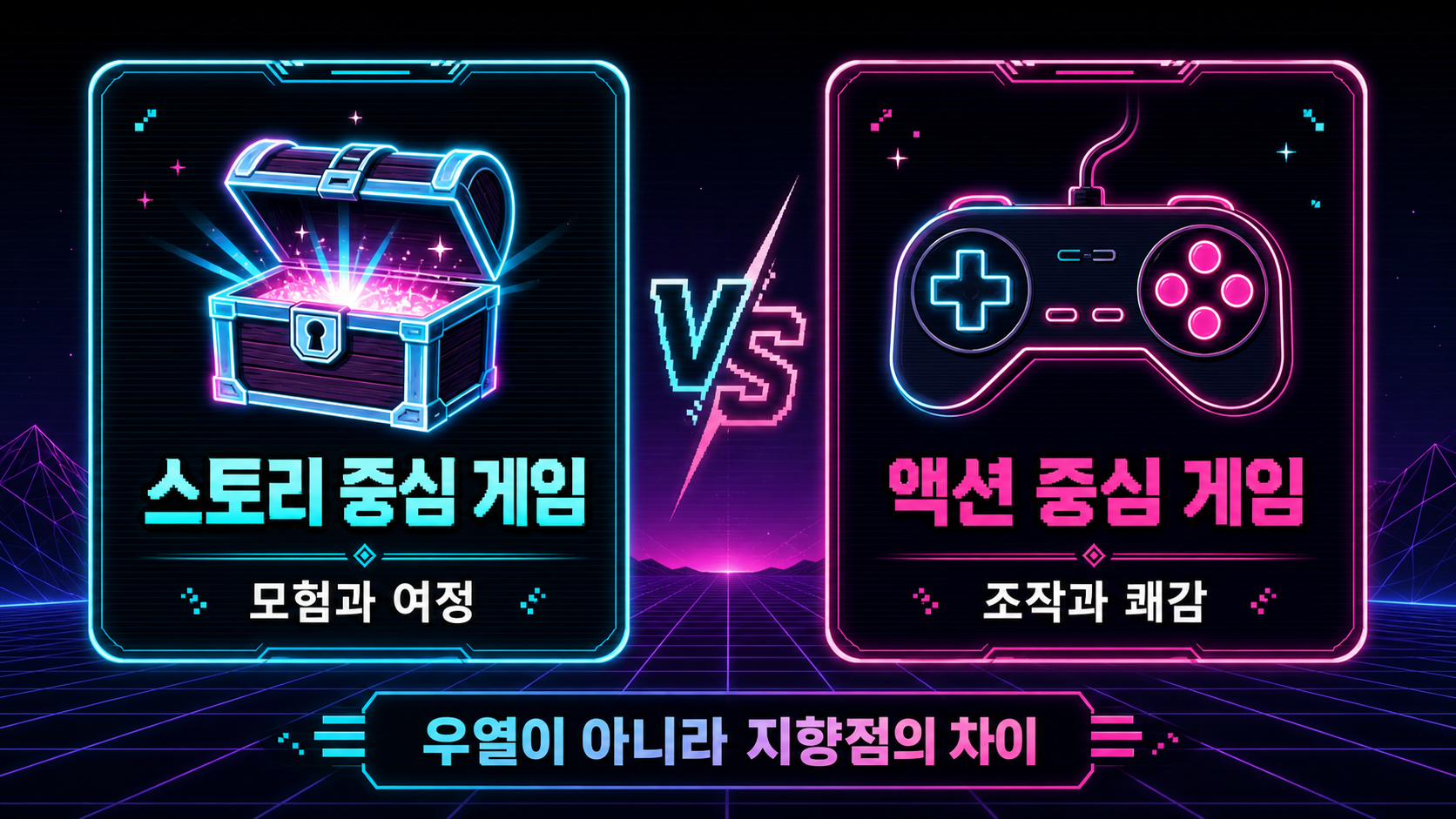 스토리 중심 게임과 액션 중심 게임의 지향점 차이를 비교한 네온 도식