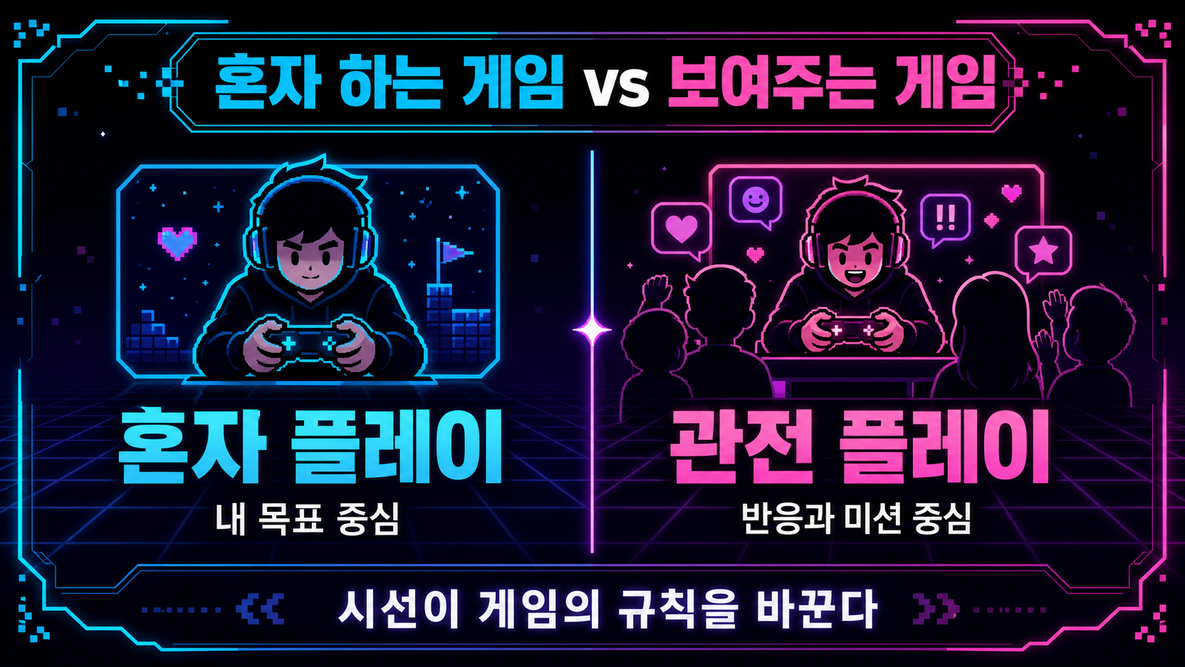 혼자 하는 게임과 관전 플레이의 차이를 비교한 한글 도식