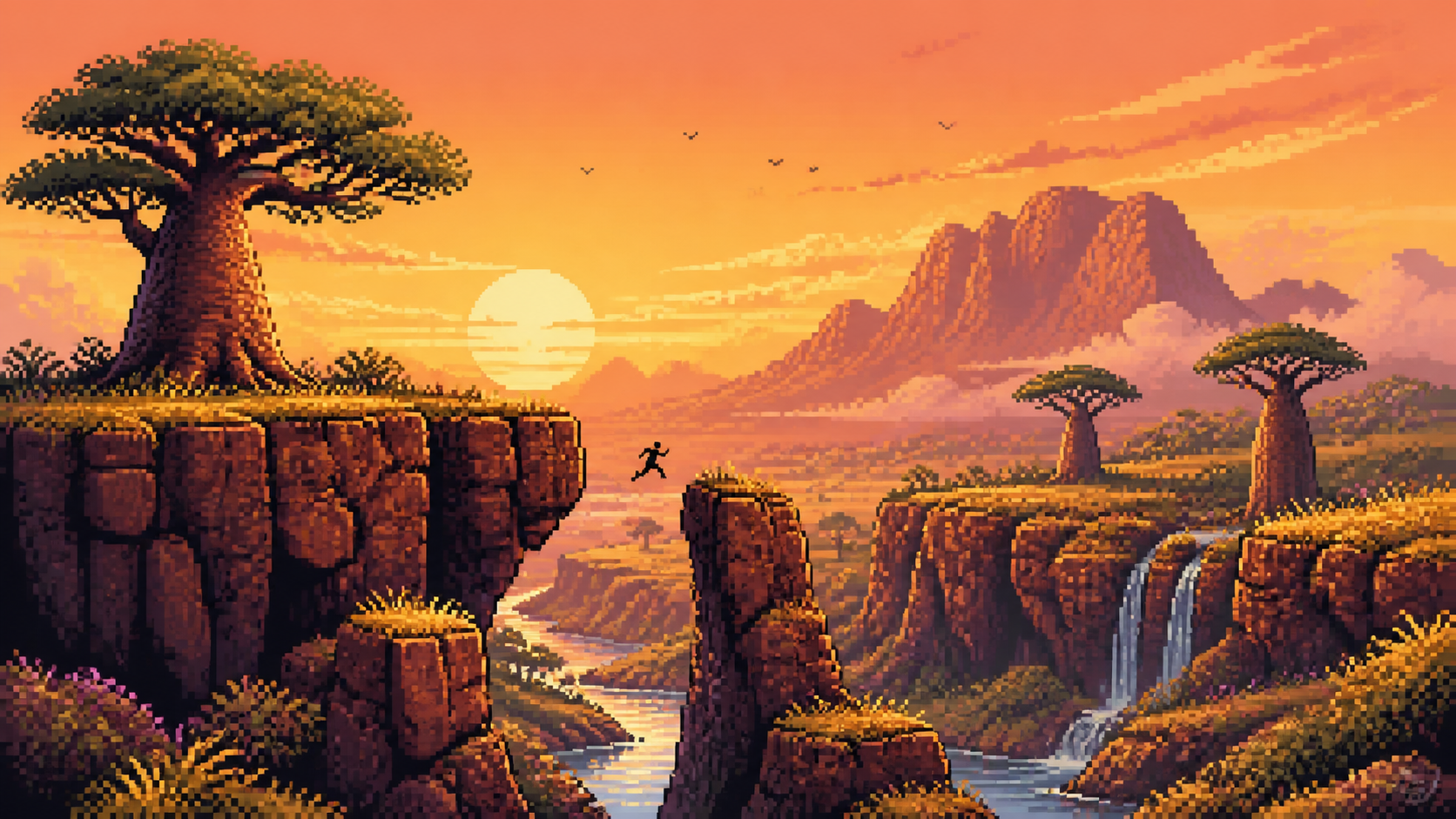 황금빛 사바나 절벽과 강을 표현한 The Lion King 풍의 오리지널 플랫폼 게임 일러스트