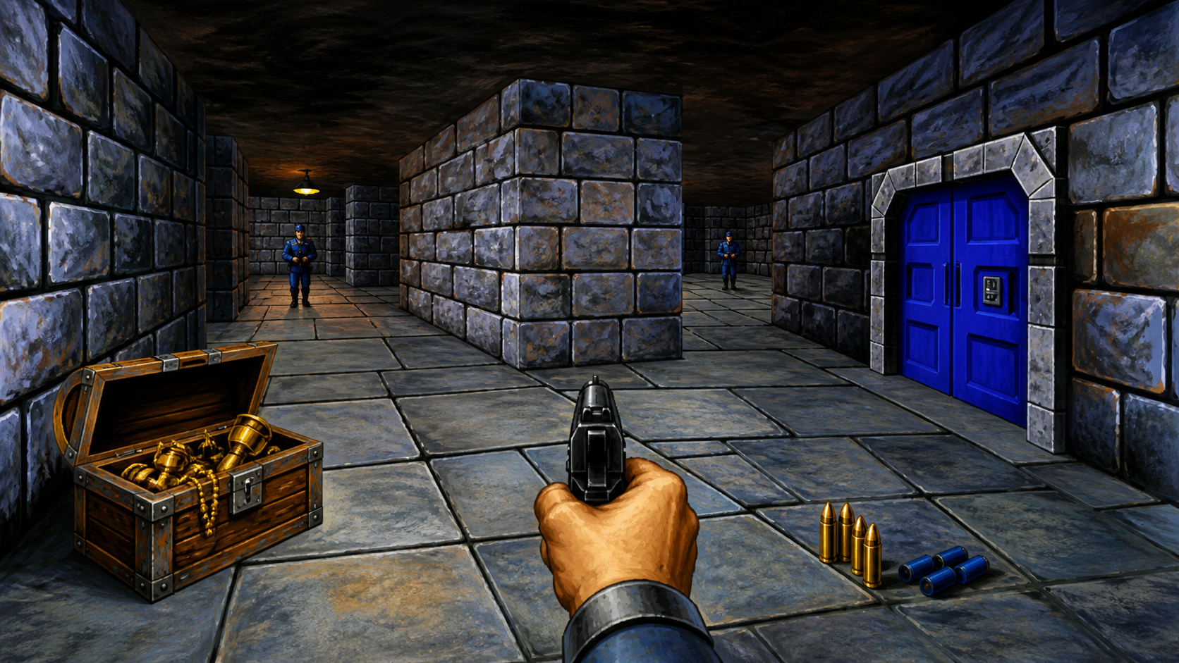 돌벽 성채의 복도와 파란 열쇠 문, 보물 상자와 탄약을 보여 주는 오리지널 초기 FPS 일러스트